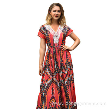 Sexy Woman v-neck Flower Printed maxi Beach Dress